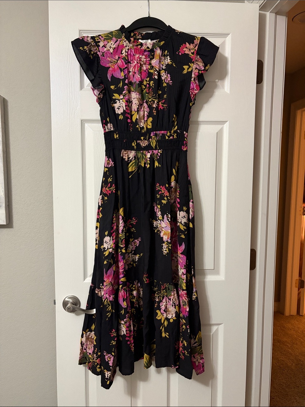 Black Floral Midi Dress with Pink & Green Print - NWT